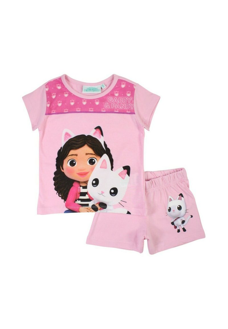 Ensemble de pyjama pour enfants rose comprenant un haut à manches courtes avec une impression graphique d'une fille et d'un chat, accompagné d'un short coordonné.