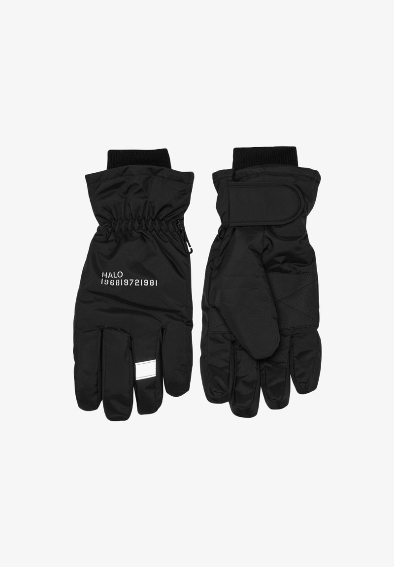 Czarne zimowe rękawice z ściągaczem w nadgarstku, z odblaskowym paskiem i detalami z logo z tyłu. Wykonane z miękkiego materiału dla zapewnienia ciepła.