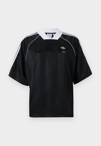 Μαύρη αθλητική φανέλα με κοντά μανίκια, λευκές λεπτομέρειες και V-λαιμόκοψη. Διαθέτει κάθετες ρίγες και μικρό λογότυπο στο στήθος.