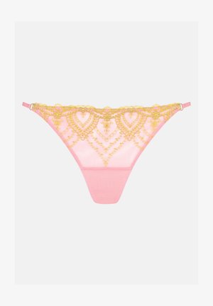 Pink lace thong featuring intricate golden embroidery in a heart pattern along the waistband, with a smooth back and adjustable straps.