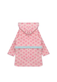 Pink fleece robe with large polka dots, hood, and blue trim at the waist. Soft texture, long sleeves, and a rounded hem.