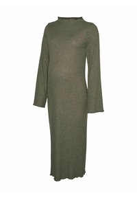 Stickad olivgrön klänning med långa ärmar, ribbad textur och scallopad kant. Har en hög halsringning och en figursydd silhuett.
