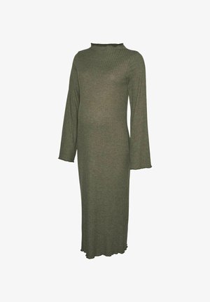 Strikket, olivengrøn kjole med lange ærmer, ribbet tekstur og bølget kant. Har en høj halsudskæring og en tætsiddende silhuet.