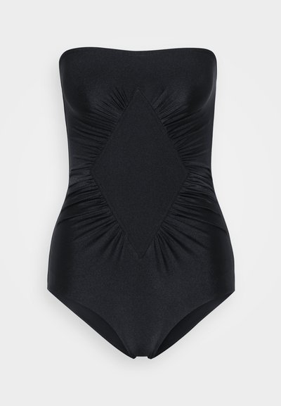 Maillot de bain noir sans bretelles avec un centre en forme de diamant, des détails en tissu froncé, une texture lisse et une silhouette ajustée.