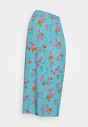 Falda midi azul con estampado floral rosa y naranja, cintura ligeramente fruncida y una abertura lateral.