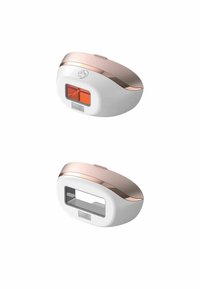 Appareil de dépilation compact avec un dessus rose gold brillant, un corps blanc et une fenêtre orange pour l'émission de lumière. Comprend un bouton et un couvercle de sécurité transparent.