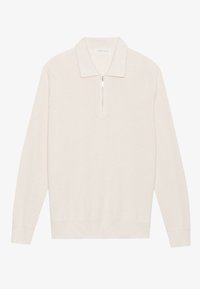 Sudadera de media cremallera en beige claro, hecha de tejido de punto texturizado. Cuenta con un collar doblado y puños y dobladillo acanalados para un aspecto ajustado.