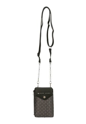 Pequeño bolso bandolera negro y gris con patrón geométrico, cierre de solapa, botón metálico y correa ajustable con eslabones de cadena, de la marca Pepe Jeans.