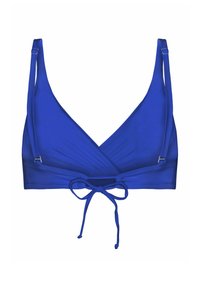 Blå biksio topp i omslagsstil med justerbara axelband och knäppning framtill på vit bakgrund.