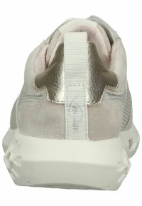 Grey and metallic sneaker with a textured suede back, padded collar, and a thick white rubber sole. Features a pull tab for easy wear.