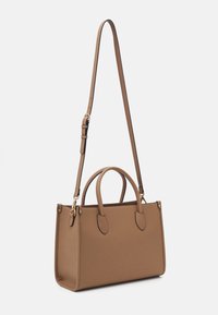 Brown synthetic handbag with a structured design, dual handles, and an adjustable shoulder strap, featuring gold-tone hardware accents.