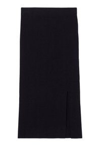Jupe noire mi-longue en tissu lisse avec une silhouette ajustée, dotée d'une fente sur le côté pour un meilleur confort de mouvement.