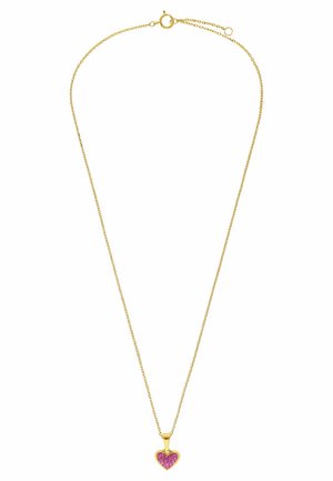 Delicate gouden ketting met een kleine hartvormige hanger gevuld met roze edelstenen, gesloten met een veerring sluiting.