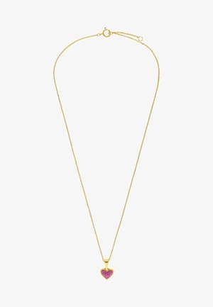 Collier délicat en chaîne d'or avec un petit pendentif en forme de cœur rempli de pierres précieuses roses, fermé par un fermoir à ressort.