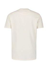 Korte mouwen, ronde hals t-shirt in off-white met een subtiele ribbeltextuur en een rechte zoom. Geen zichtbare logo's of ontwerpen.