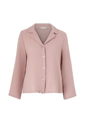 Camicia button-up rosa chiaro con tessuto testurizzato, maniche lunghe e colletto a punta. Presenta sei bottoni sul davanti e una vestibilità rilassata.