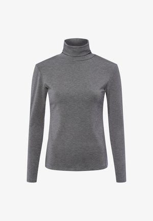 Grauer Rollkragenpullover aus weichem, dehnbarem Stoff. Verfügt über lange Ärmel und eine taillierte Silhouette, mit einer glatten, gleichmäßigen Textur.