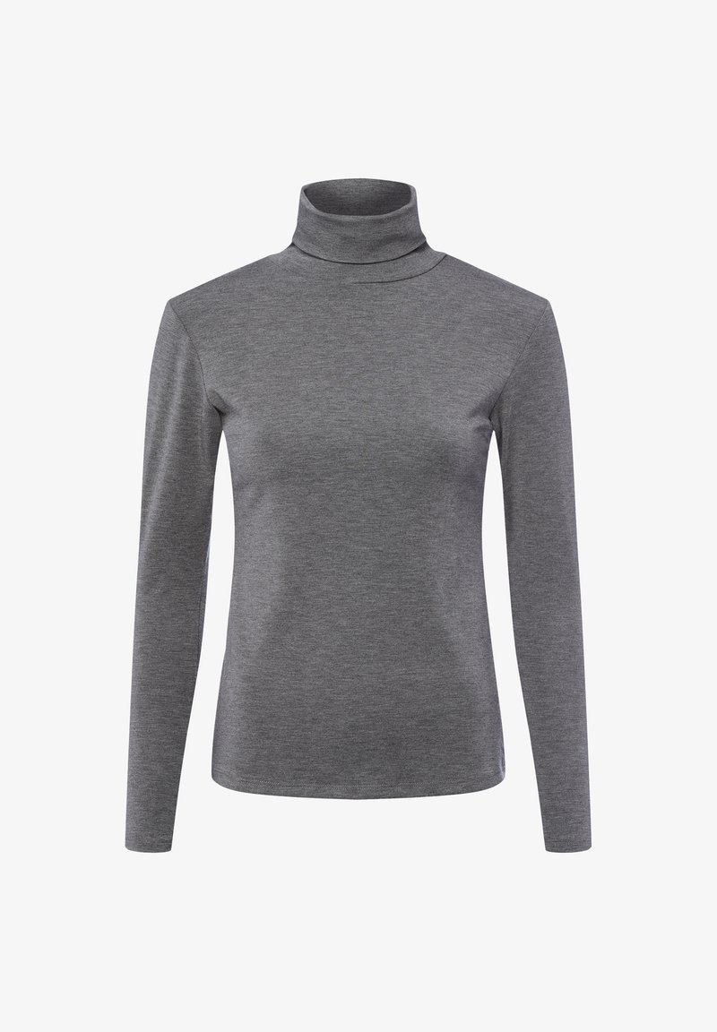 Grauer Rollkragenpullover aus weichem, dehnbarem Stoff. Verfügt über lange Ärmel und eine taillierte Silhouette, mit einer glatten, gleichmäßigen Textur.
