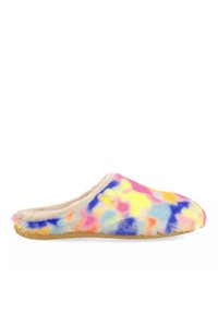 Chausson en fourrure à enfiler avec un motif tie-dye multicolore en rose, jaune, bleu et vert, doté d'une doublure en beige doux et d'une semelle plate.