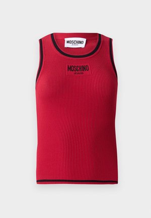 Röd ribbade linne med svart kant, med en logotyp "MOSCHINO JEANS" broderad på framsidan. Ärmlös design, figurnära silhuett.