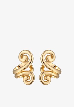 Goldfarbene Ohrringe mit einem wirbelnden Design. Glattes, poliertes Metall in runder Form und offener Herzhülsenstruktur.