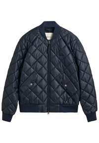Námořnická prošívaná bomber bunda se zipovým uzávěrem, žebrovaným límcem a manžetami, bočními kapsami a hladkou, lesklou texturou.