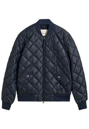 Mørkeblå quiltet bomberjakke med lynlås, ribbet krave og manchetter, sidelommer og en glat, blank overflade.