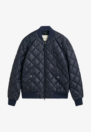 Chaqueta bomber acolchada de color marino con cierre de cremallera, cuello y puños de canalé, bolsillos laterales y una textura suave y brillante.