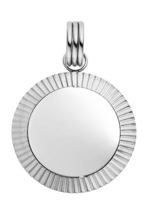 Runder silberner Anhänger mit geriffeltem, strukturiertem Rand und dreischleifiger Öse zur Kettenbefestigung, polierte glatte Mitte.