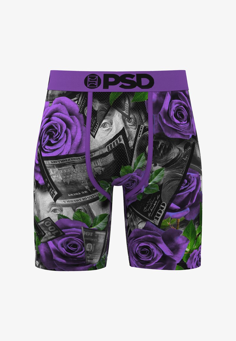 Boxers pour hommes avec taille violette, décorés de roses violettes et de billets noirs et blancs de cent dollars américains.
