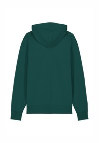 Türkise Kapuze aus weicher Textilie, mit einer Kängurutasche, gerippten Bündchen und einer Kordelzugkapuze. Die Rückansicht zeigt klare Linien und minimale Details.