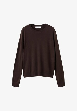 Brown knitted sweater, crew neck, long sleeves, ribbed cuffs and hem, smooth texture, simple design, versatile for layering.