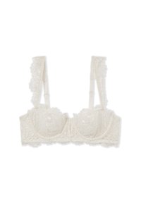 Sahniger Bralette in Elfenbein mit floralen Muster, Unterbruststütze, breiten, spitzenbesetzten Trägern und transparenter Textur. Verstellbarer Rückenverschluss.