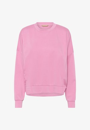 Világos rózsaszín hosszú ujjú, kerek nyakú pulóver bordázott mandzsettával és szegéllyel, fehér háttéren bemutatva.