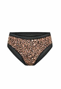Sous-vêtements pour femmes à motif léopard avec une taille en dentelle noire. Le tissu a une texture lisse, présentant des tons de beige, brun et noir.