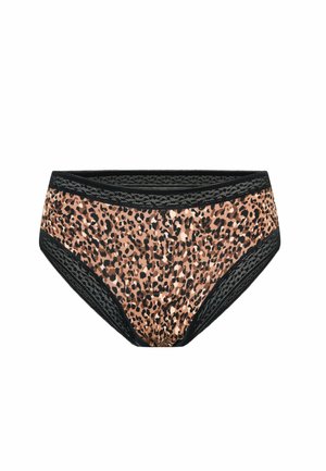 Sous-vêtements pour femmes à motif léopard avec une taille en dentelle noire. Le tissu a une texture lisse, présentant des tons de beige, brun et noir.