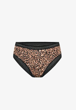 Sous-vêtements pour femmes à motif léopard avec une taille en dentelle noire. Le tissu a une texture lisse, présentant des tons de beige, brun et noir.