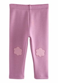Rosa bomuldsleggings med elastisk talje, der har to lyserøde blomsterapplikationer på knæene og en tætsiddende pasform.