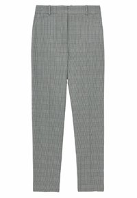 Pantalones tapered de cuadros grises con trabillas y una parte delantera plana, diseñados para un ajuste a medida.