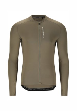 Olivegrünes Radtrikot mit langen Ärmeln, durchgehendem Frontreißverschluss und dem Schriftzug „ENDURANCE“ auf Brust und unterem Saum.