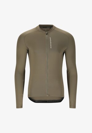 Olivegrünes Radtrikot mit langen Ärmeln, durchgehendem Frontreißverschluss und dem Schriftzug „ENDURANCE“ auf Brust und unterem Saum.