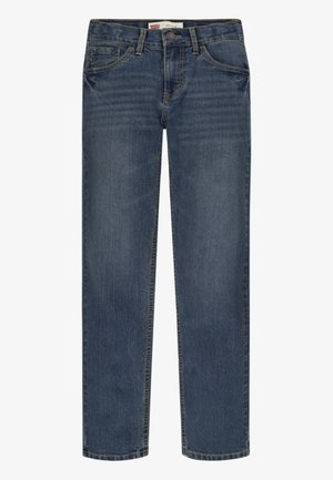 Jeans en denim bleu foncé avec une coupe droite, un design à cinq poches et des détails de couture visibles. Fermeture classique par bouton et zipper à l'avant.