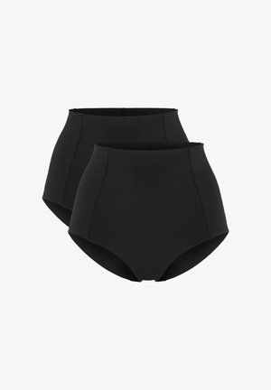 Zwei schwarze Damen-Slips mit hohem Bund und Nahtdetails, vor weißem Hintergrund gezeigt.