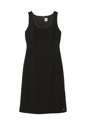 Μαύρο αμάνικο φόρεμα μέχρι το γόνατο με στρογγυλή λαιμόκοψη και φερμουάρ στην πλάτη, με μικρό μεταλλικό λογότυπο κοντά στο τελείωμα.