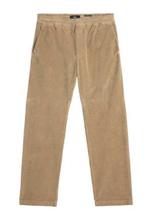 Spodnie z korduroyu w jasnobrązowym kolorze, charakteryzujące się miękką teksturą, elastycznym paskiem w talii oraz dwiema bocznymi kieszeniami. Proste nogawki z subtelnym prążkowaniem.