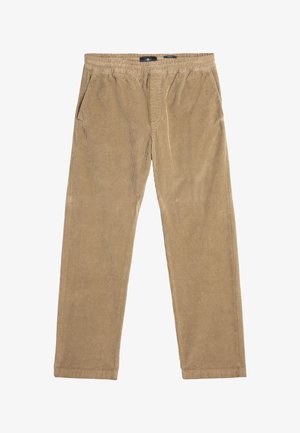 Corduroy broek in lichtbruin, met een zachte textuur, elastische tailleband en twee zijzakken. Rechte pasvorm met subtiele ribbels.