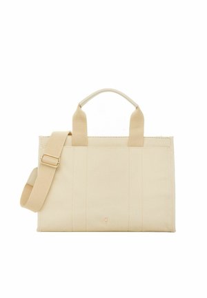 Beżowa prostokątna torba na ramię z podwójnymi uchwytami i regulowanym paskiem na ramię, wykonana z tkaniny o minimalistycznym wzornictwie i subtelnym logo z przodu.