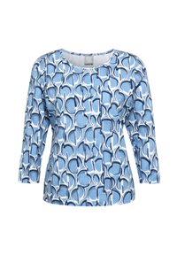 Blau gemusterte Bluse mit Dreiviertelärmeln. Verfügt über ein geometrisches Design in unterschiedlichen Blau- und Weißtönen. Hergestellt aus weichem Stoff.