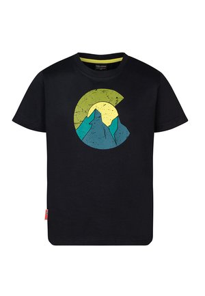 Schwarzes T-Shirt mit kurzen Ärmeln und einer Abbildung von blauen und grünen Bergen vor einer gelben Sonne in einem grünen Halbkreis auf der Brust.