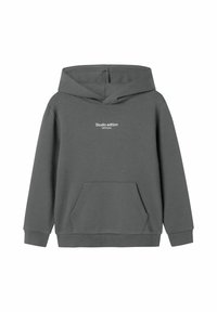Grijze hoodie gemaakt van zacht materiaal, met een kangoeroezak en een capuchon met trekkoord. Voorkant heeft witte tekst met de opdruk "Studio editie."